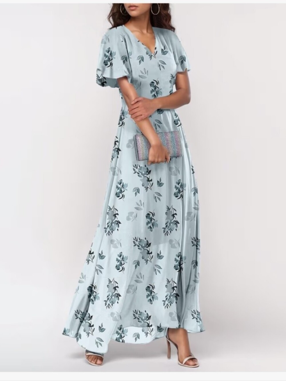 Light Blue Floral Maxi Dress with V-Neck #126